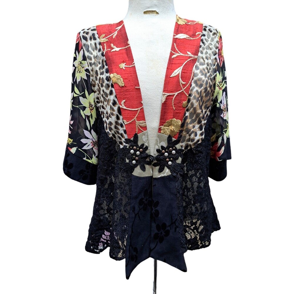 Spencer Alexis Kimono Jacket Top Women M Mixed Fabric Artsy Lace Boho Peasant